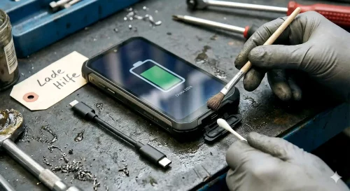 Ein Blackview Smartphone wird im Jahr 2026 auf Ladeprobleme untersucht, inklusive Reinigung der Buchse.