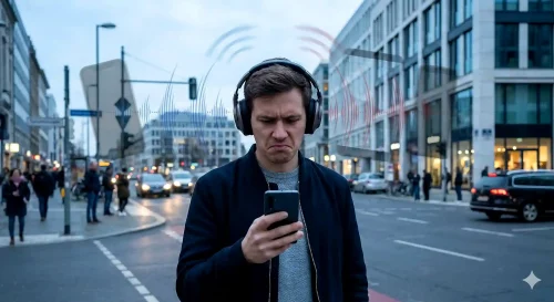 Eine Person hält sich die Hand an den Bluetooth-Kopfhörer, während auf einem Smartphone-Display eine instabile Verbindung angezeigt wird.