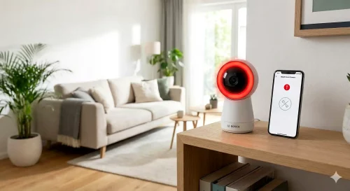 Eine Bosch 360 Grad Innenkamera auf einem weißen Regal, deren LED Ring am Kopf der Kamera rot leuchtet.