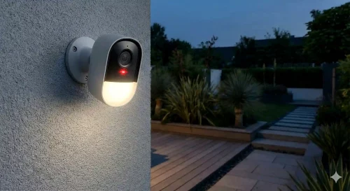 Eine installierte Bosch Eyes Außenkamera 2 an einer Hauswand, die ein rotes Lichtsignal zeigt.