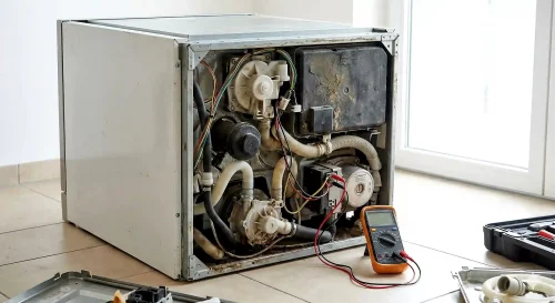 Die Unterseite eines Bosch Geschirrspülers mit Sicht auf die runde Heizpumpe und die elektrische Verkabelung.