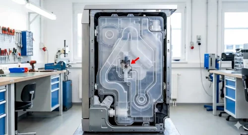 Ein Techniker oeffnet die linke Seitenwand eines Bosch Geschirrspuelers und zeigt auf den Reed Kontakt an der Wassertasche.