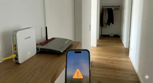 Ein iPhone zeigt die Apple Home App mit der Fehlermeldung Anbindung fehlgeschlagen neben einem Bosch Smart Home Controller.