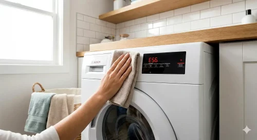 Ein Bosch Wäschetrockner mit dem Fehlercode E56 auf dem digitalen Display.