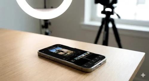 Smartphone Display zeigt die CapCut App mit dem Bereich für Creator Vorlagen und Bearbeitungswerkzeugen.