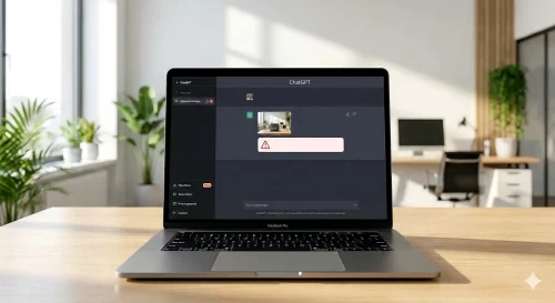 Ein Computerbildschirm zeigt das ChatGPT Fenster mit einer Fehlermeldung beim Versuch ein Bild hochzuladen.