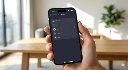Ein Smartphone zeigt die ChatGPT App mit dem geöffneten Menü für die Stimmauswahl.