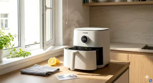 Eine Cosori Heißluftfritteuse wird mit Zitronen gereinigt, um den typischen Plastikgeruch bei der Erstbenutzung zu beseitigen.