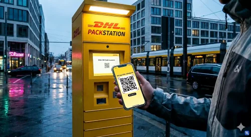 Eine Person scannt erfolgreich einen DHL QR-Code an einer Packstation nach der Fehlerbehebung in der App.