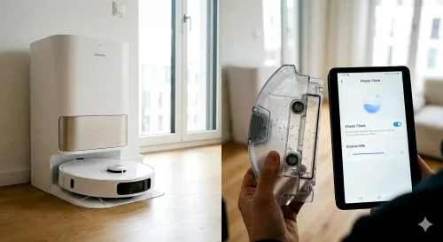 Ein Dreame L20 Ultra Saugroboter wird in seiner Station auf Wasserfluss-Probleme im Jahr 2026 geprüft.