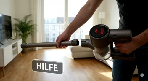 Ein Dreame T20 Akku-Staubsauger zeigt die Fehlermeldung Luftkanal blockiert auf seinem Display im Jahr 2026.