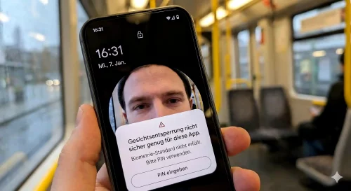 Ein Foto eines modernen Smartphones, das auf einem Arbeitstisch liegt. Auf dem Display sieht man ein blaues Gittermodell eines menschlichen Gesichts, das gescannt wird. Daneben erscheint eine schlichte Fehlermeldung: 'Biometrie nicht sicher genug'. Die Umgebung ist technologisch und klar strukturiert. Wide-Format, keine Texte im Bild.