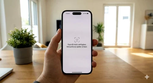 Ein iPhone mit der Fehlermeldung Face ID ist nicht verfügbar liegt neben einem Reinigungsset.