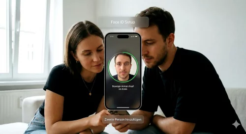 Nahaufnahme eines iPhones bei der Einrichtung eines alternativen Erscheinungsbilds für Face ID mit einer zweiten Person.
