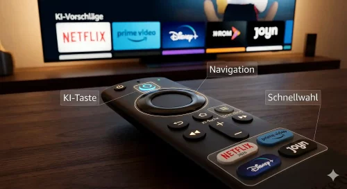 Vollständige Übersicht aller Tasten einer Fire TV Fernbedienung mit deutscher Beschriftung für 2026.
