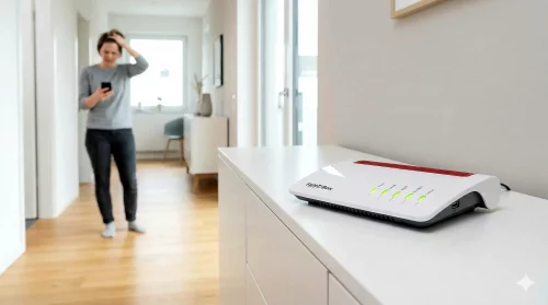 FRITZ!Box 7530 WLAN Router mit leuchtenden LEDs auf einem Sideboard zeigt eine aktive Internetverbindung an.