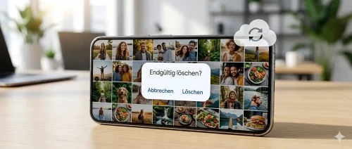 Ein Smartphone-Display zeigt eine Fotogalerie, in der ein Löschvorgang bestätigt wird, während im Hintergrund ein Cloud-Symbol leuchtet.