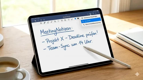 Ein iPad-Display mit der App Goodnotes 6, auf dem mit einem Apple Pencil geschrieben wird, während ein Einstellungsmenü zur Fehlerbehebung sichtbar ist.