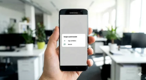 Ein Samsung Smartphone zeigt eine Fehlermeldung auf dem Display, während eine App abstürzt.