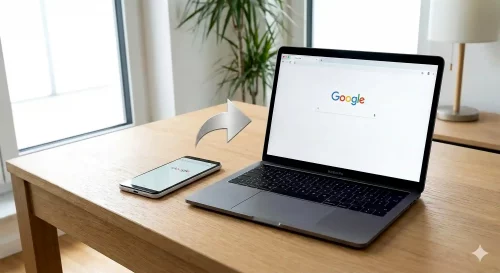 Ein Smartphone und ein Laptop zeigen gleichzeitig geöffnete Chrome Tabs die synchronisiert werden.