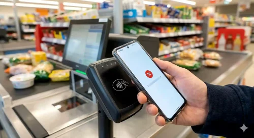 Ein Smartphone wird an ein Bezahlterminal gehalten, auf dem Display erscheint ein rotes Ausrufezeichen für eine abgelehnte Zahlung.