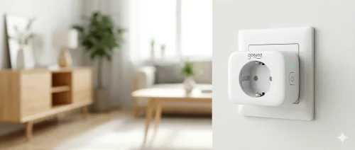 Link2Home WLAN-Steckdose mit blau leuchtender Kontroll-LED in einer weißen Wandsteckdose.