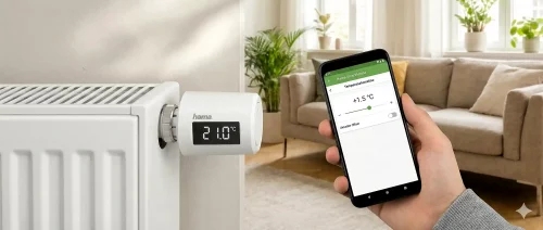Hama Smart Home Thermostat an einem weißen Heizkörper zeigt die digitale Temperaturanzeige.