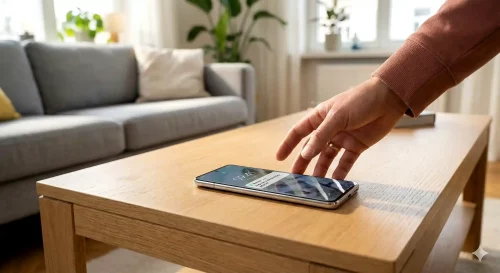 Ein Smartphone liegt auf einem Tisch und schaltet das Display ein, während eine Hand danach greift.
