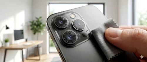 Nahaufnahme von drei Smartphone-Kamera-Linsen auf der Rückseite eines modernen Handys.