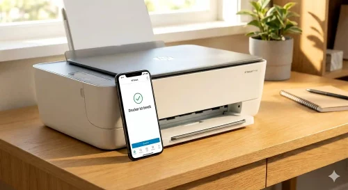 Ein Smartphone zeigt die Bestaetigung der erfolgreichen Druckereinrichtung in der HP Smart App neben einem HP OfficeJet Drucker.