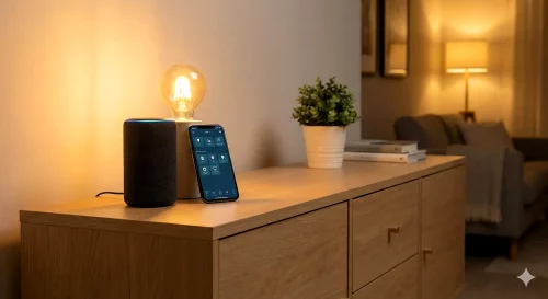 Eine IKEA Tradfri LED Lampe neben einem Amazon Echo Lautsprecher der vierten Generation auf einem Tisch.