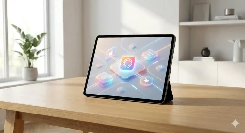 Ein iPad zeigt die Systemeinstellungen fuer Apple Intelligence mit dem Status Sprache wird geladen.