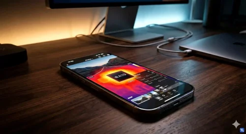 Nahaufnahme eines iPhone 17 Pro bei der Fotobearbeitung mit einer schematischen Darstellung der Hitzeentwicklung am A19 Pro Chip.