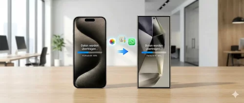 Ein iPhone und ein Samsung Smartphone liegen nebeneinander und zeigen den Fortschrittsbalken einer drahtlosen Datenübertragung.