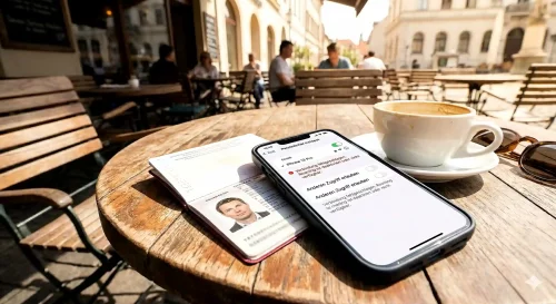 Ein iPhone liegt auf einem Reisepass, das Display zeigt die Fehlermeldung Verbindung fehlgeschlagen beim Hotspot.