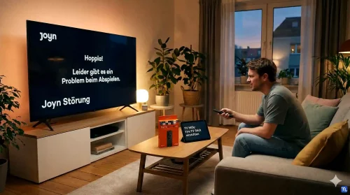 Ein Smart TV zeigt eine Joyn Fehlermeldung, während eine Hand eine Fernbedienung hält. Ein Streaming-Stick liegt als alternative Lösung bereit.