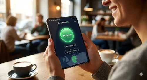 Eine detaillierte Ansicht der JumpJumpVPN App auf einem Smartphone im Jahr 2026 mit deutscher Benutzeroberfläche.