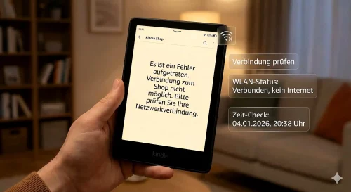 Ein Kindle E-Reader zeigt eine Fehlermeldung beim Versuch, den Online-Shop über WLAN zu erreichen.