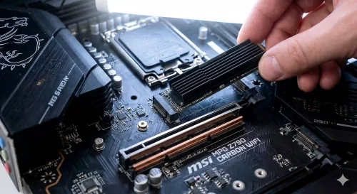 Ein Blick in ein Computergehäuse auf ein Mainboard, bei dem eine M.2 SSD in den Slot eingesetzt wird.