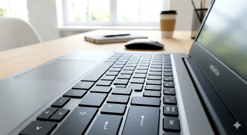 Nahaufnahme einer Medion Laptop Tastatur, auf der die Fn-Taste und die F11-Taste für den Nutzer markiert sind.