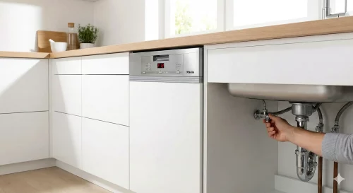 Ein Miele Geschirrspüler mit der Fehlermeldung F12 auf dem Display und ein geöffneter Unterschrank mit Wasseranschluss.