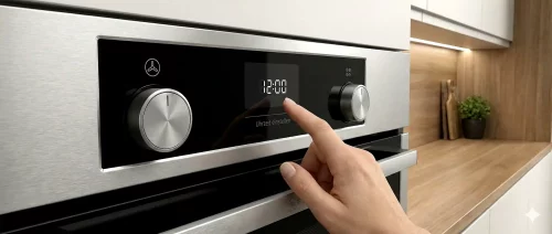 Bedienfeld eines Neff Backofens mit leuchtenden Symbolen für CircoTherm und die Uhrzeit-Einstellung.