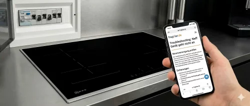 Ein dunkles Display eines Neff Herdes wird mit einer Taschenlampe untersucht, im Hintergrund der Sicherungskasten.