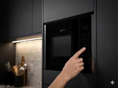 Ein dunkles Display einer Neff Einbaumikrowelle in einer modernen Küche, daneben liegt ein technisches Handbuch.