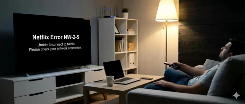Smart-TV zeigt Netflix Fehlercode NW-2-5 mit Hinweis auf Netzwerkproblem und Option zum Neuversuch.