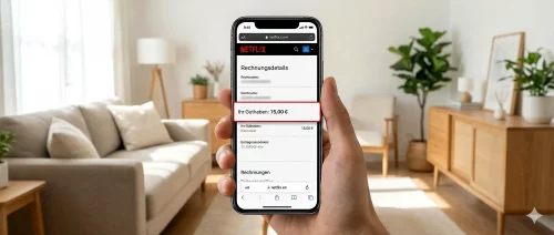 Smartphone Display zeigt Netflix Kontoeinstellungen mit Kontostand in den Rechnungsdetails.