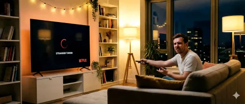 Smart-TV zeigt eingefrorenes Netflix Logo beim Ladeversuch der App im dunklen Wohnzimmer.