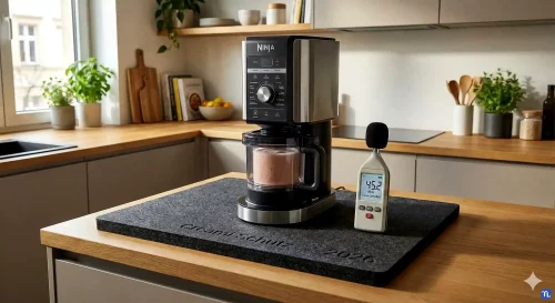 Eine Ninja Creami Eismaschine auf einer speziellen Antivibrationsmatte zur Lärmreduzierung in einer modernen Küche.