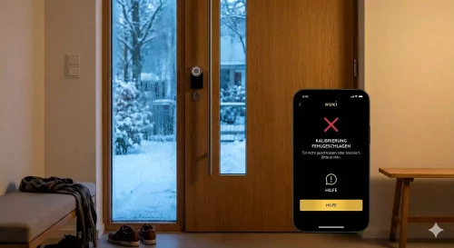 Ein Nuki Smart Lock an einer winterlichen Tür zeigt einen Kalibrierungsfehler auf einem Smartphone im Januar 2026.