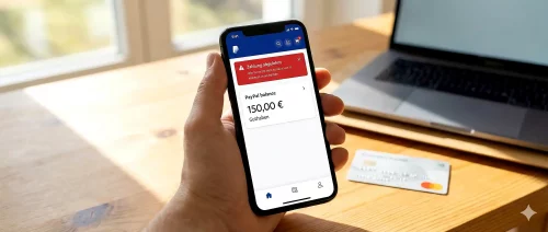 Smartphone in einer Hand zeigt die PayPal-App mit der Fehlermeldung Zahlung abgelehnt.